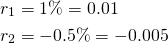 \begin{aligned}r_1 &= 1\% = 0.01 \\r_2 &= -0.5\% = -0.005 \end{aligned}